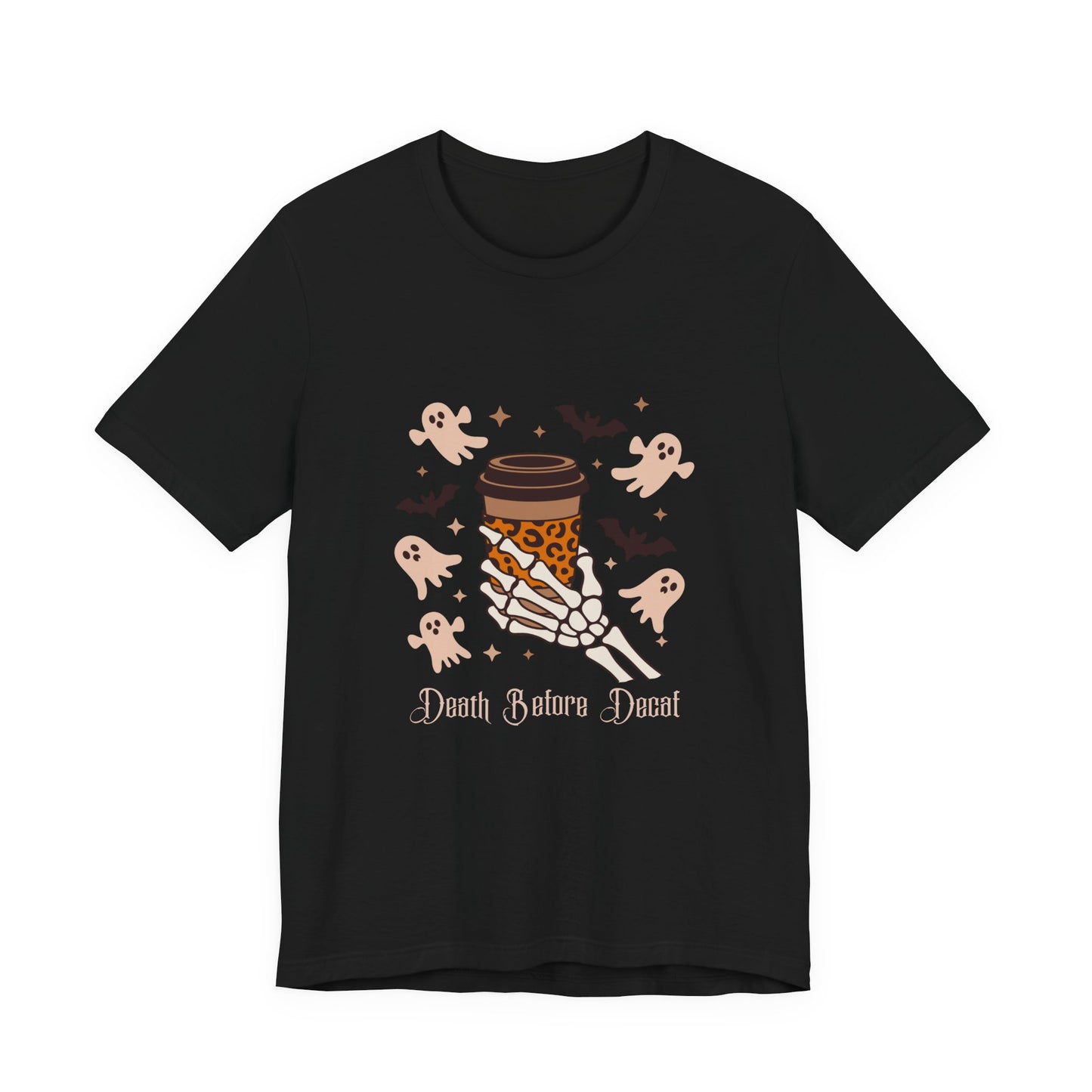 Death Before Decaf Coffee Tee, Halloween T-Shirt, Unisex Short Sleeve Shirt, Ghost Design Tee, Perfect for Fall and Halloween
